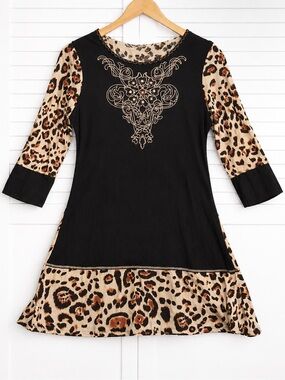 Y2K Leopard Beaded Embellished Tunic Top Shirt Black Boho Western Large